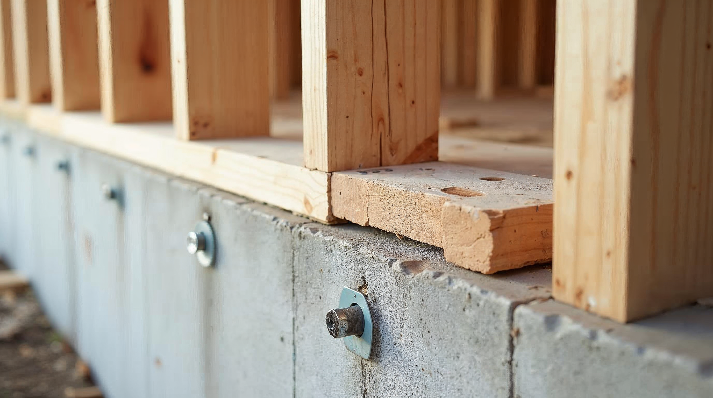 Pressure-treated sill plate lumber on a concrete foundation