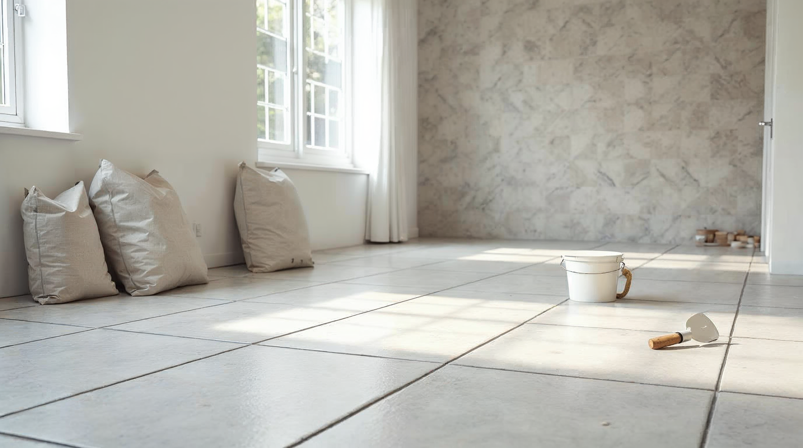 Large-format porcelain tile and mortar staged for installation