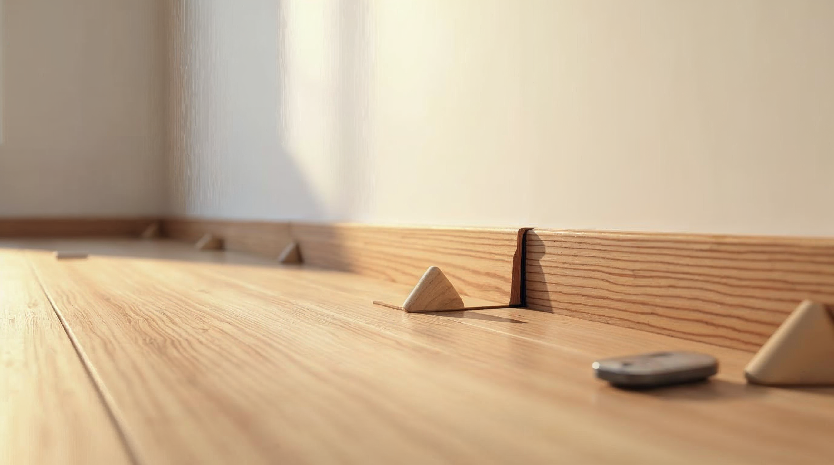 Hardwood floor planks spaced along an unfinished wall