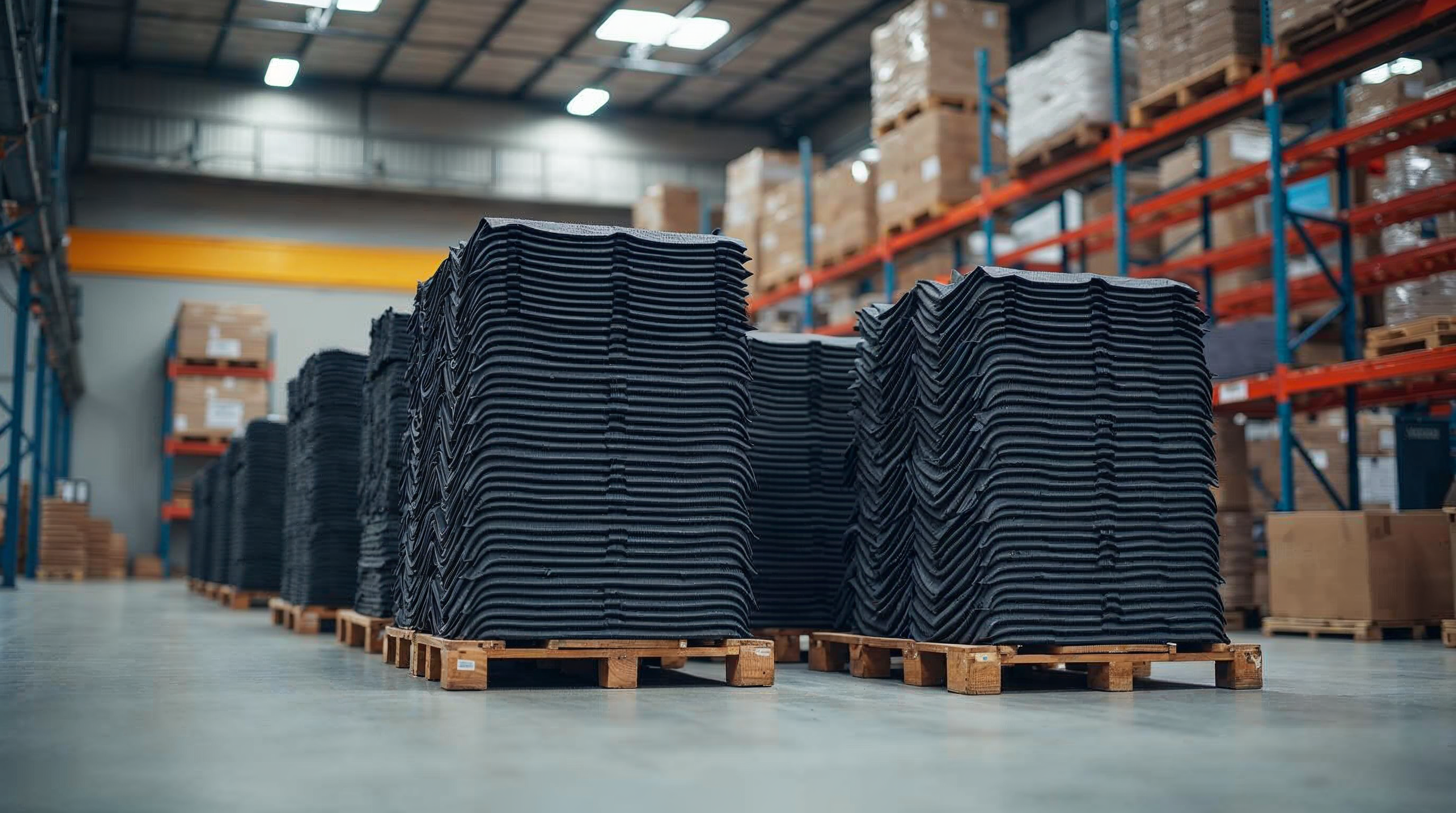 Asphalt roofing shingle bundles staged in a supply warehouse
