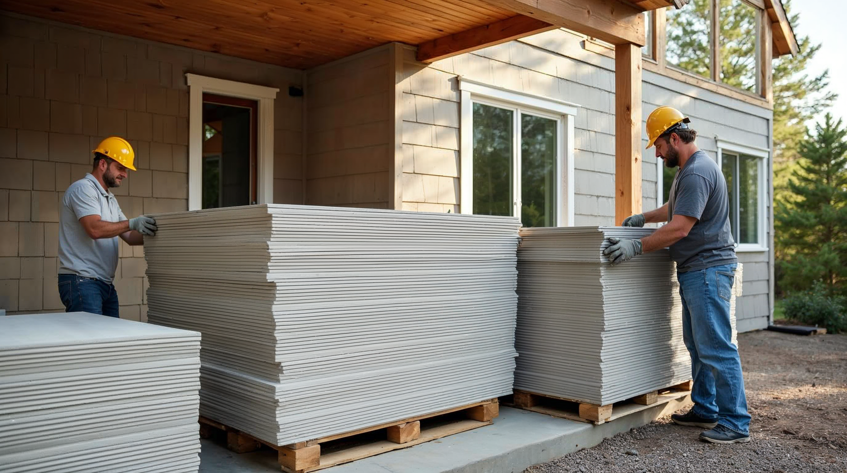 Fiber cement siding stored on pallets at a construction site