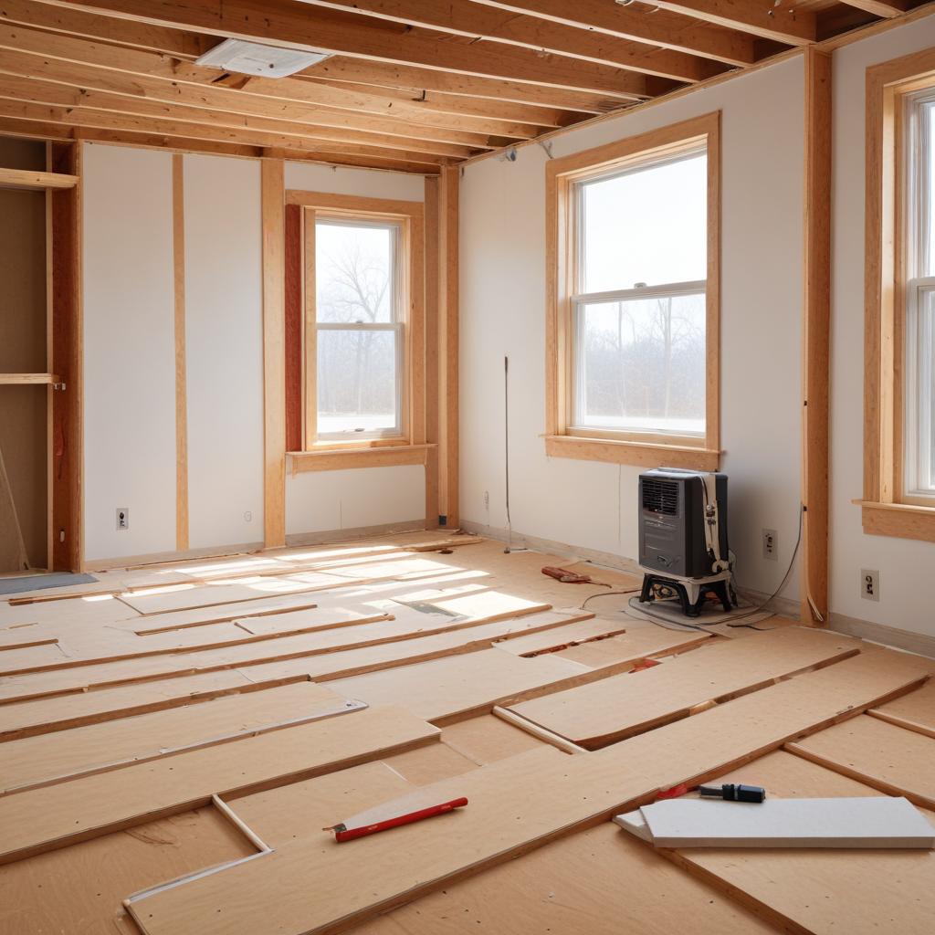 Unfinished interior of a new house with white drywall walls, wood-framed windows looking out on bare late-autumn trees, exposed ceiling joists, plywood and loose boards across the subfloor, and a small portable jobsite heater against the wall