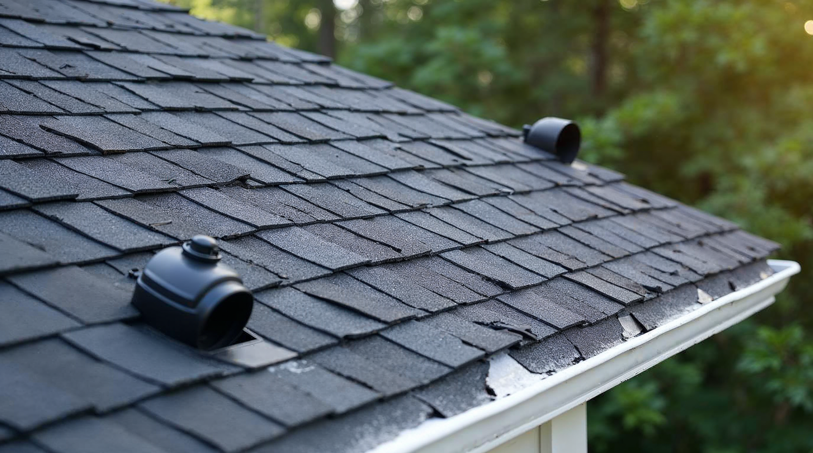 Roofing accessories staged beside a residential roof