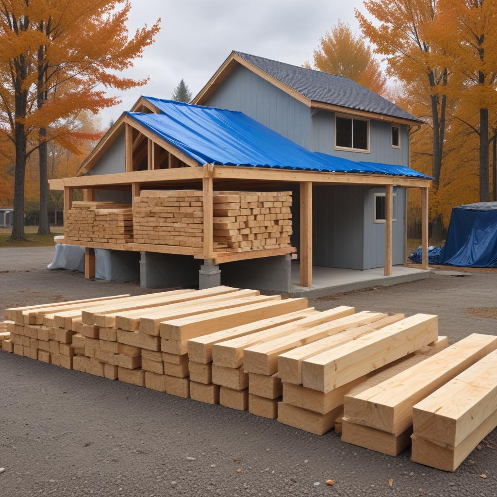 Stacks of framing lumber stored under a tarp-covered, open-sided shed beside a gray house under construction, with more lumber laid on dry gravel in the foreground and orange autumn trees behind
