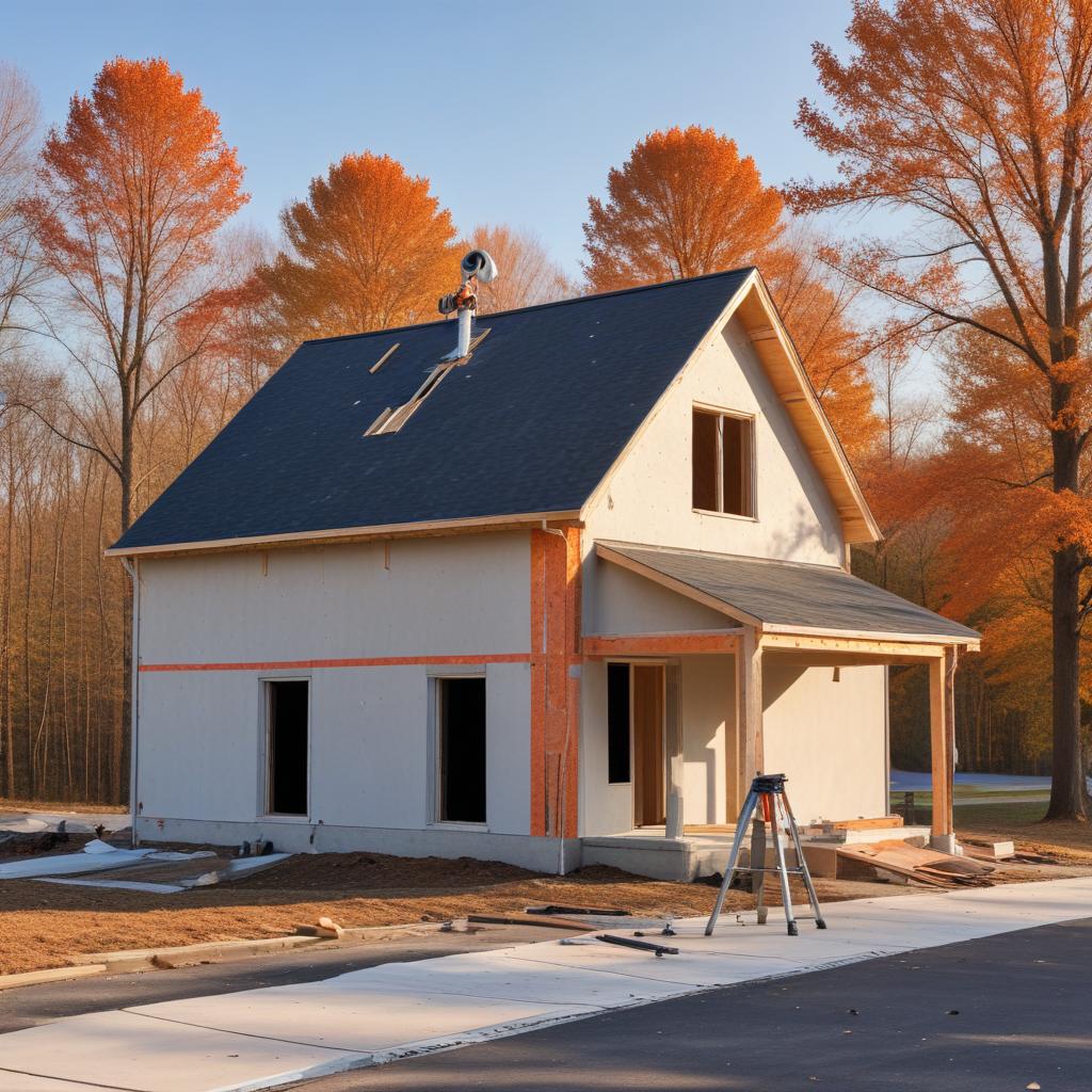 A two-story house under construction with a dark shingled roof, light-colored sheathed walls trimmed with orange flashing tape, open window and door openings, and a surveyor's tripod out front, surrounded by orange autumn trees under a clear blue sky.