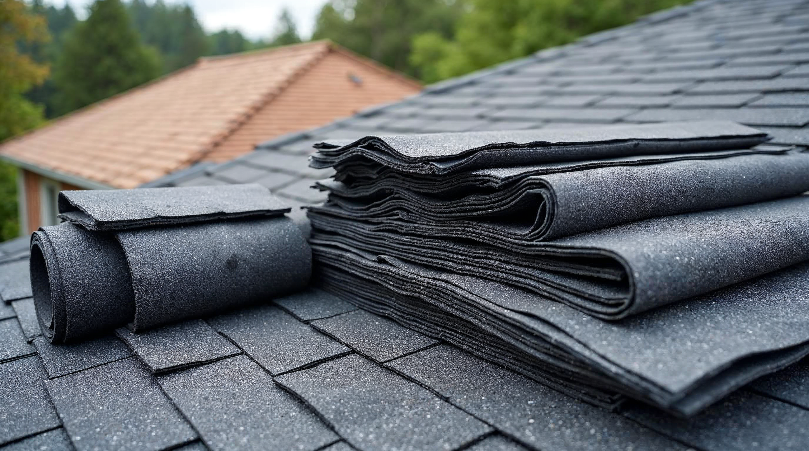 Asphalt shingles and roofing accessories staged for installation