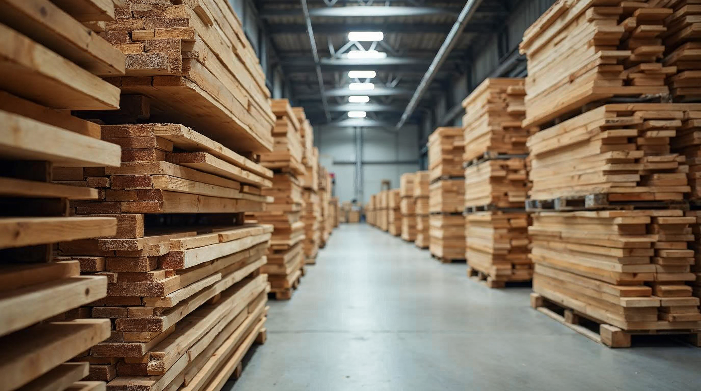 Ground-contact deck framing lumber stacked in a warehouse