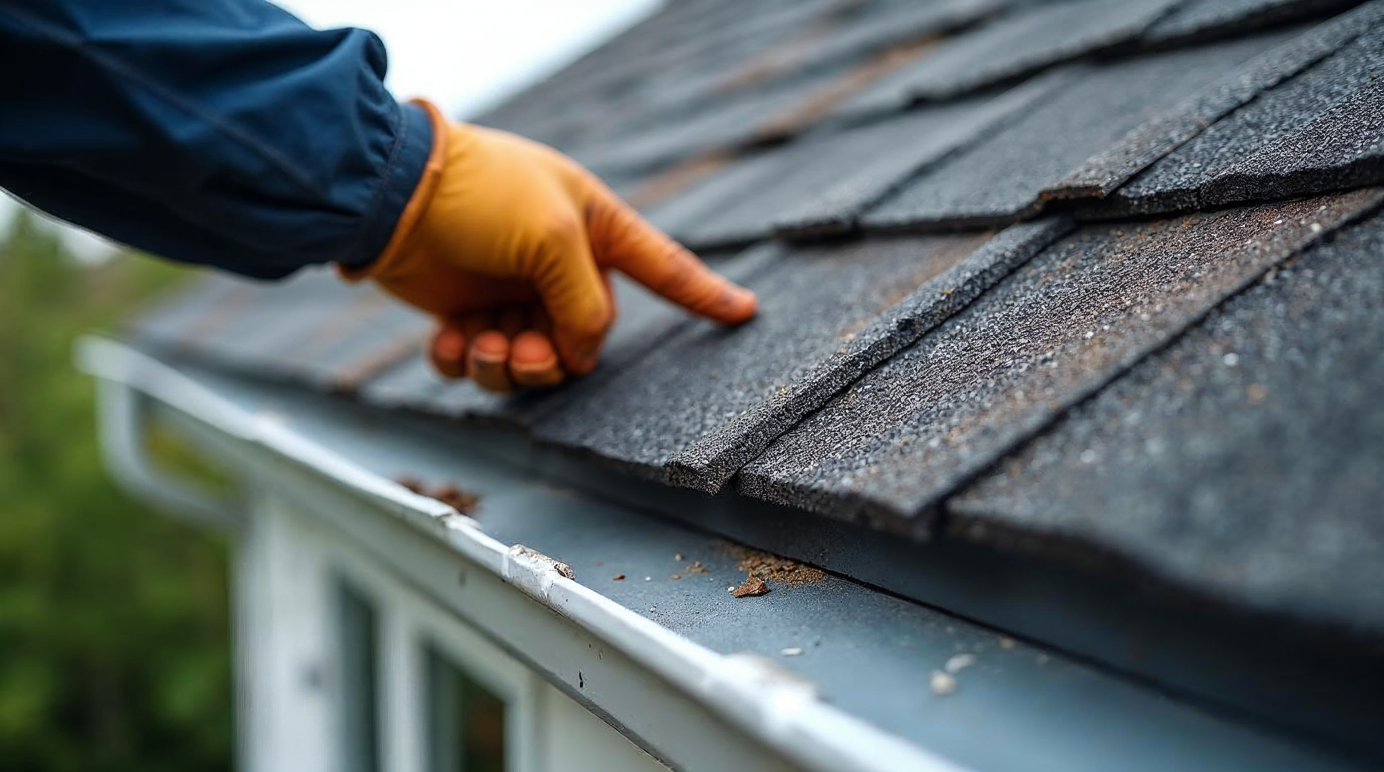 Gloved roofer inspecting granule wear on asphalt shingles