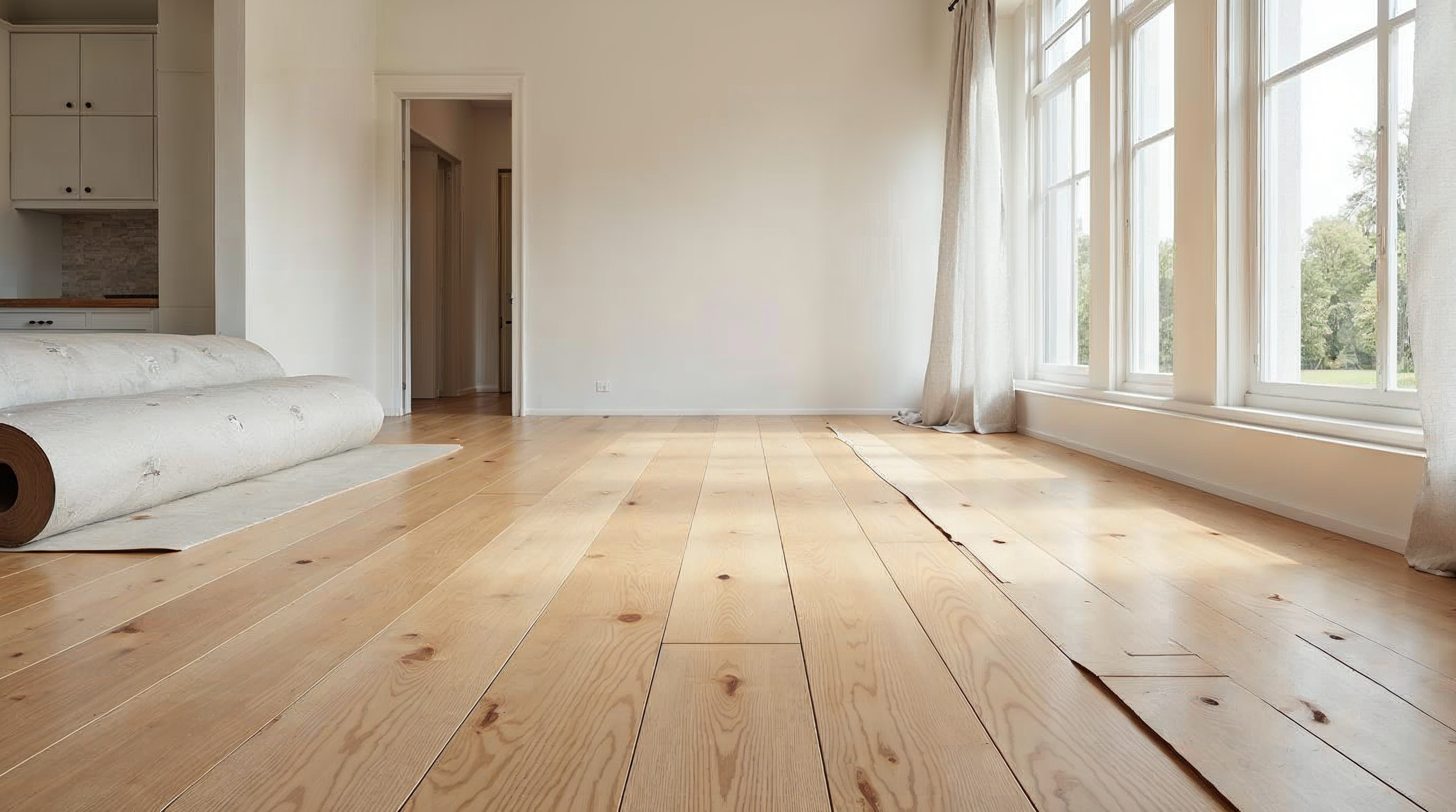 Hardwood flooring planks staged for installation