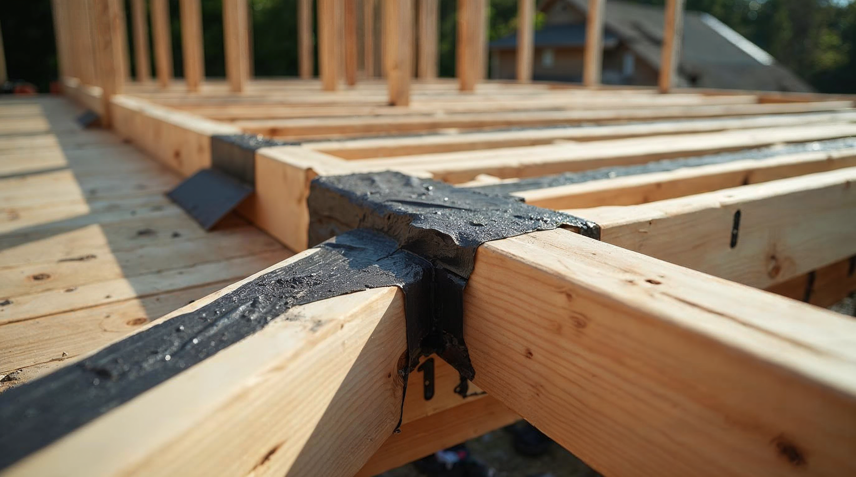 Black joist tape covers deck framing before boards are installed.