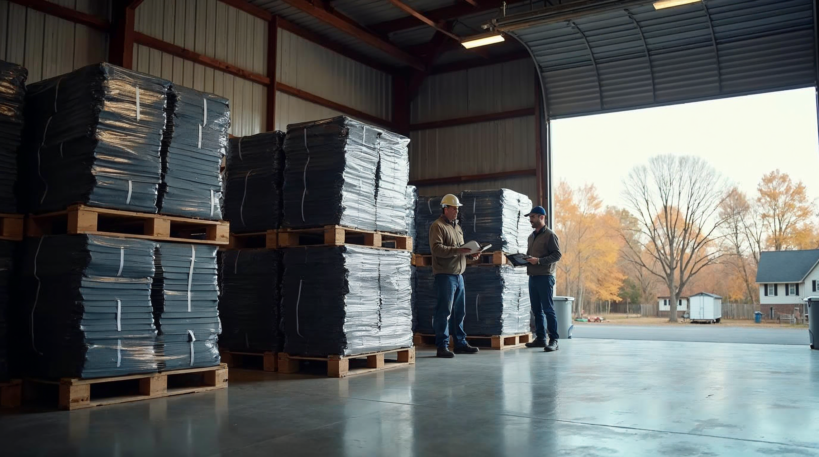 Packaged asphalt shingle bundles staged indoors before a cool-weather delivery