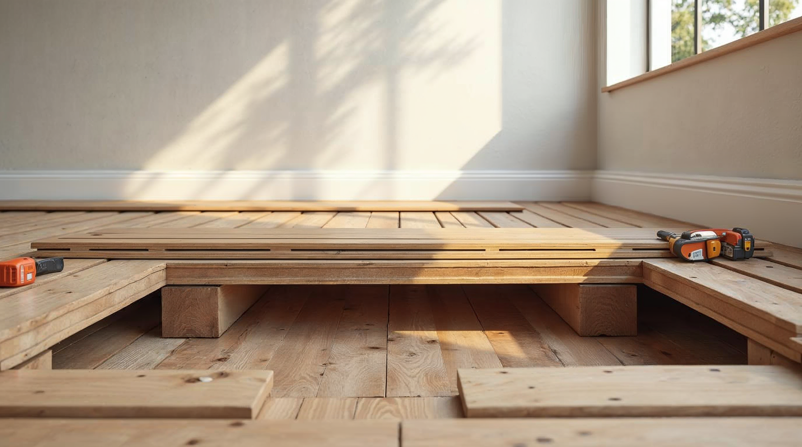 Hardwood flooring planks staged for installation over a wood subfloor