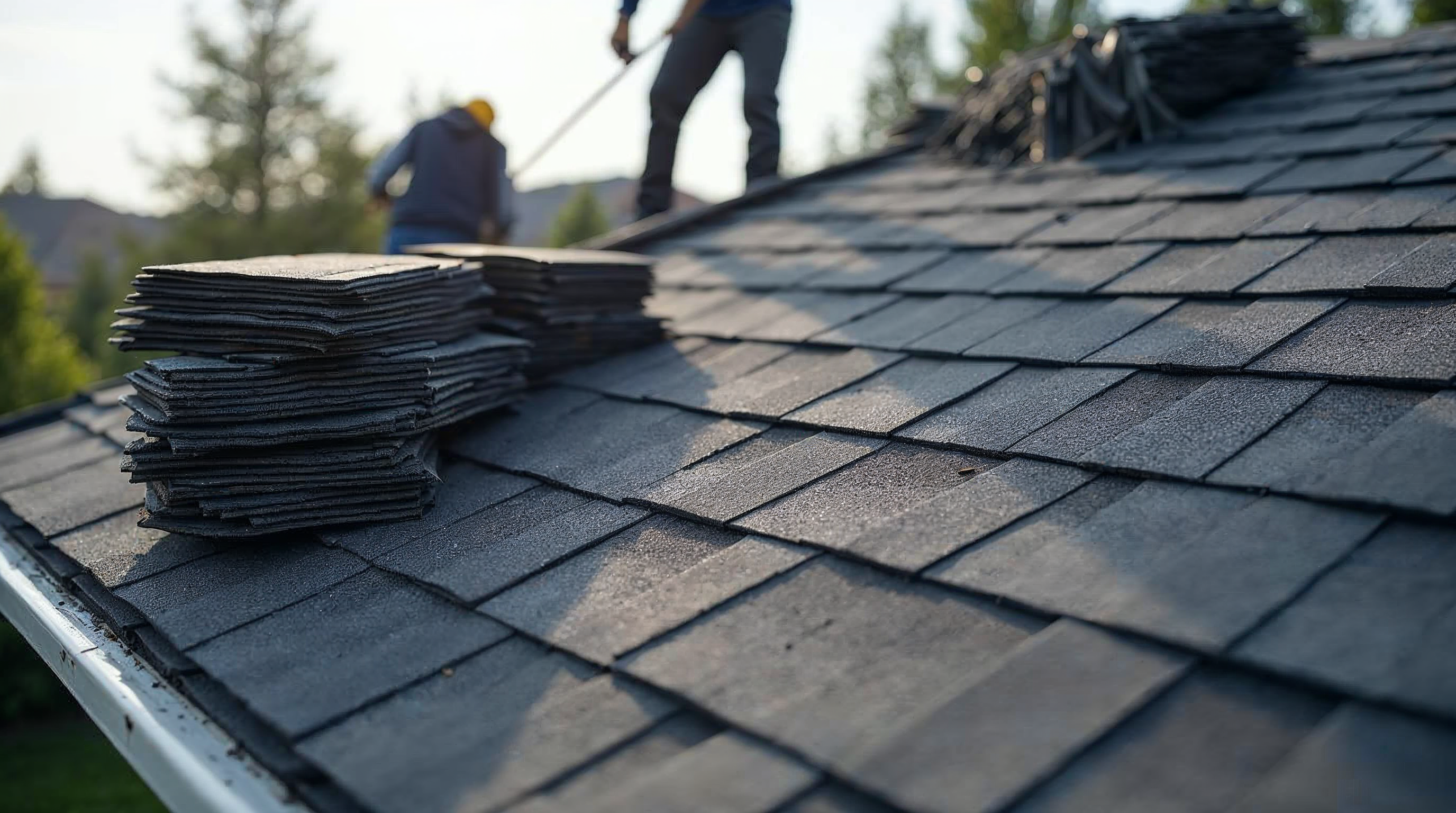 Asphalt shingle colors staged beside a residential roof installation