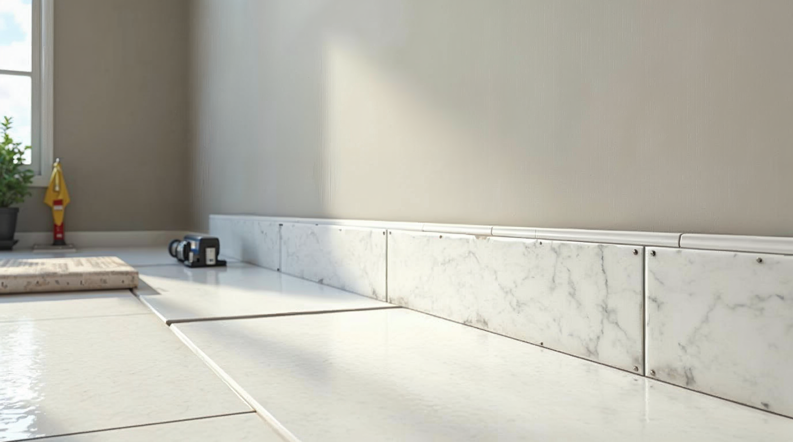 Porcelain tile edge trim staged for installation