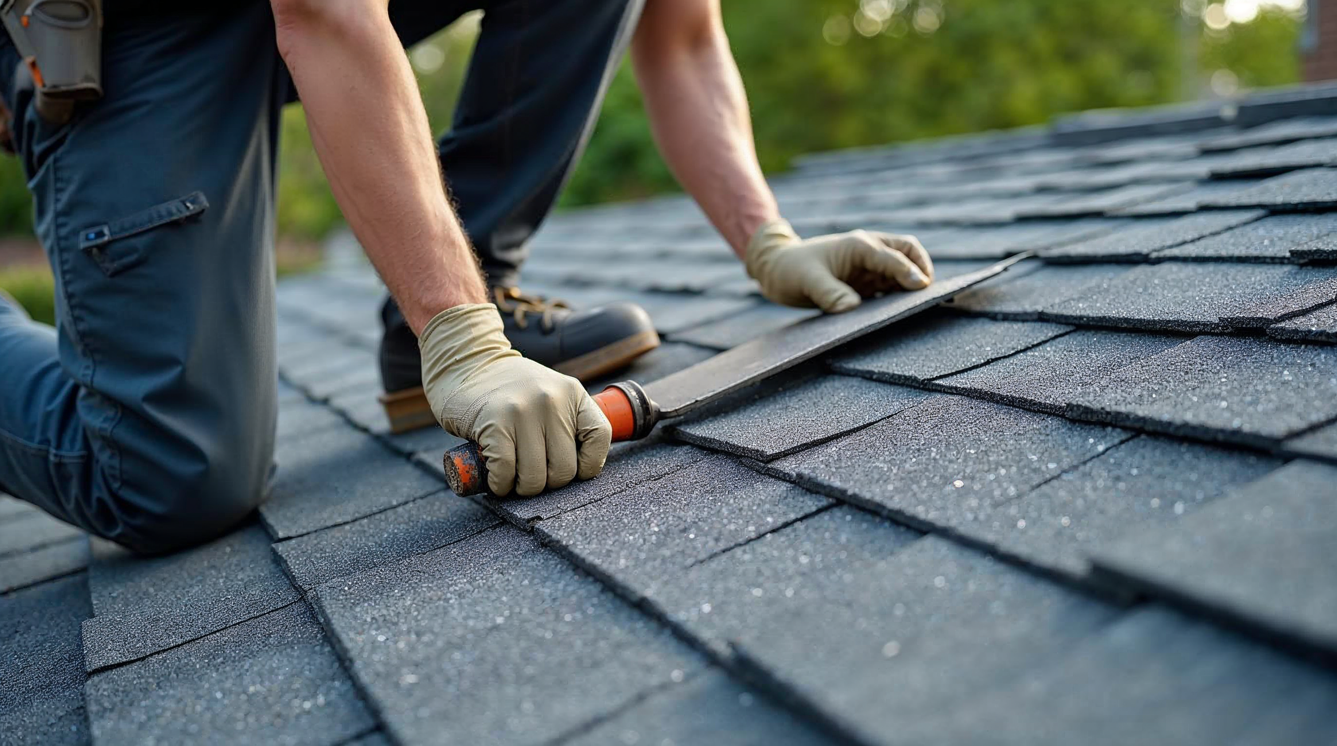 Reflective asphalt shingles being installed on a residential roof