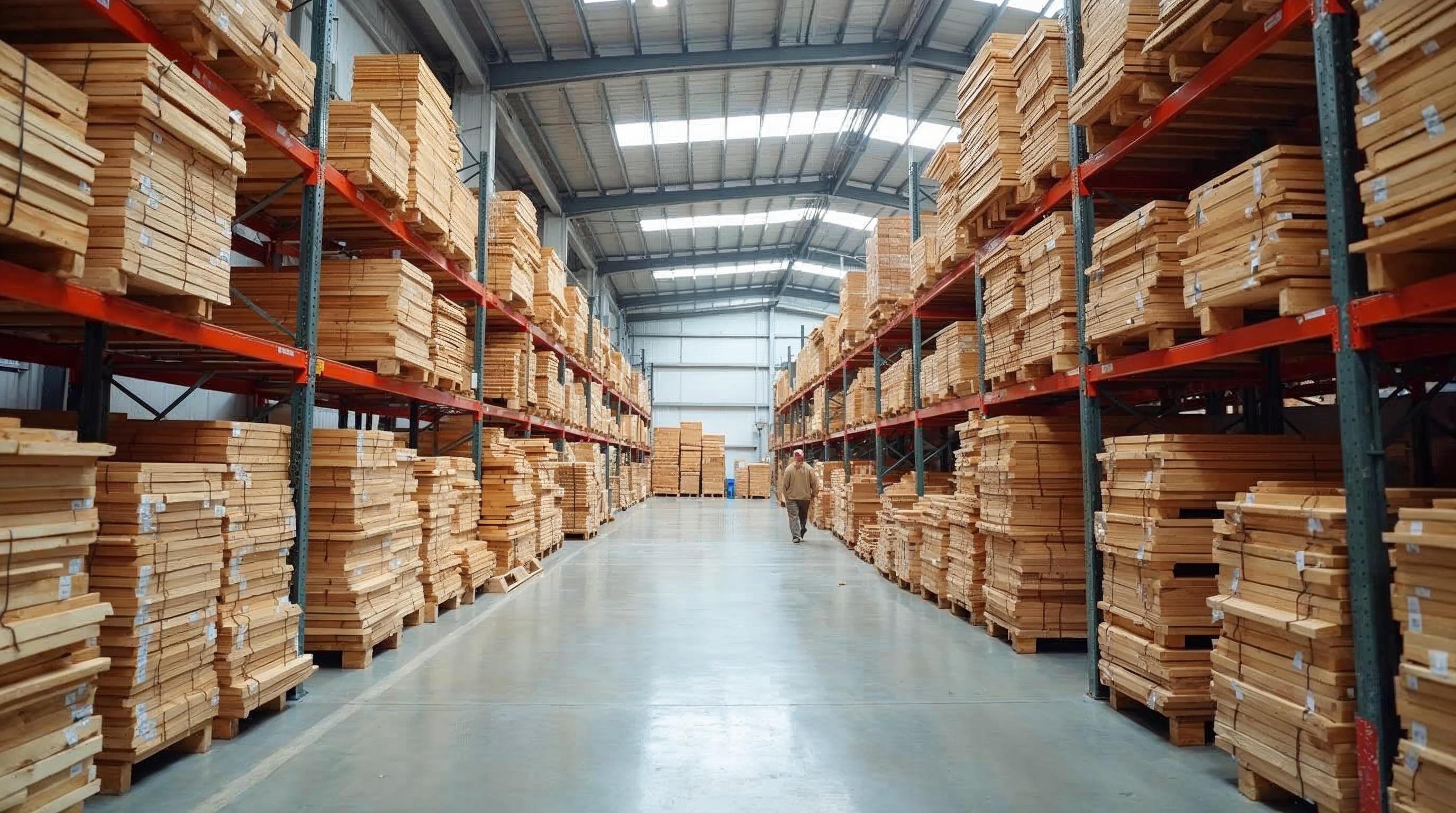 Framing lumber stacked in a building supply warehouse