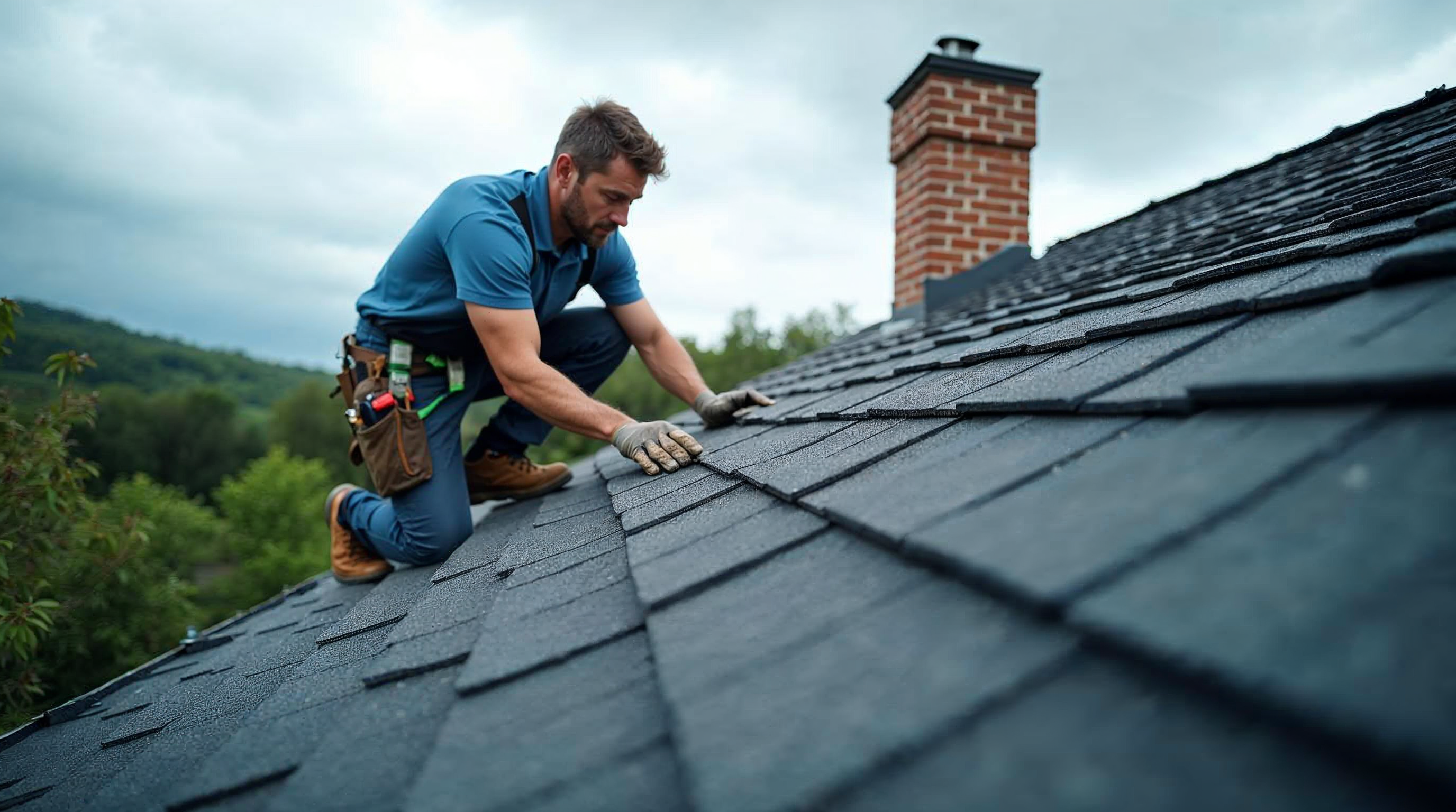 Roofer inspects impact-resistant asphalt shingles after a storm.